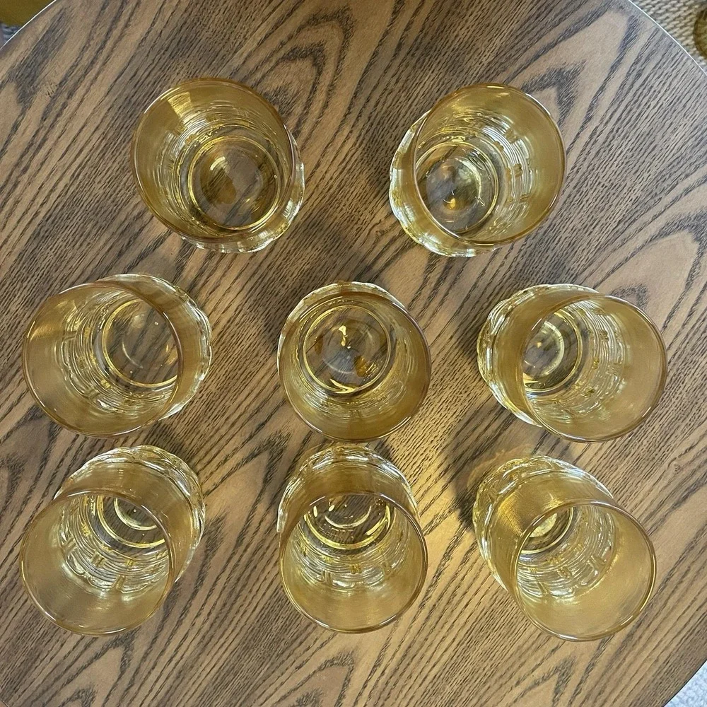 Vintage LE Smith Glass Amber Yellow Wicker Basket Set of 8 Old Fashioned Glasses